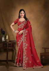 India Silk Rich Red Sarees Featuring A Blend Of Multiple Fabrics Offer A Perfect Balance Of Elegance